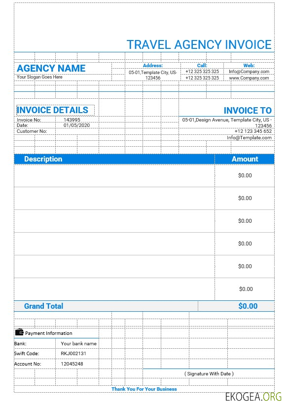 Modèle de facture d'agence de voyage modifiable